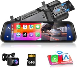 SnelShoppen - Podofo Mirror Dashcam met Draadloze Carplay, Android Auto, HD Achtercamera, 9.66 inch IPS Touchscreen, Dual 1080P, Bluetooth, Voor Auto' — thumbnail 1