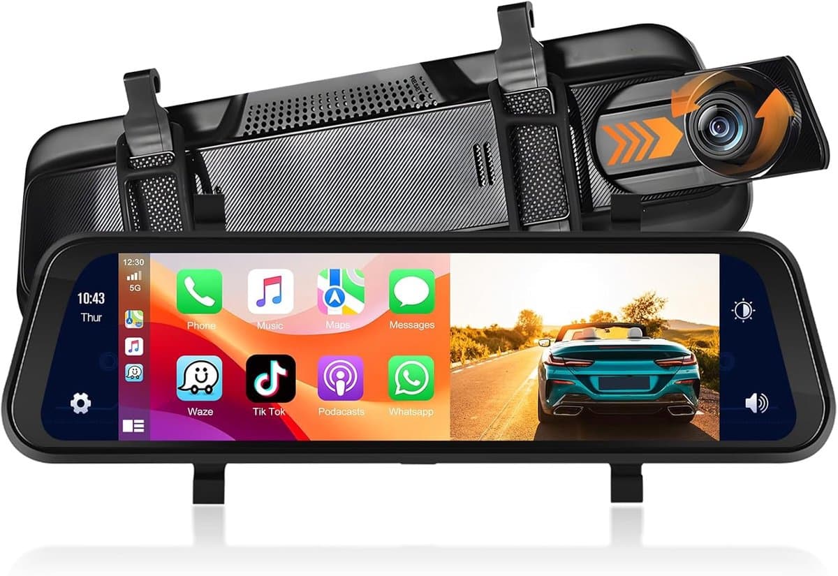 SnelShoppen - 9.66 inch Mirror Dashcam met Draadloze Apple CarPlay & Android Auto, HD Achteruitkijkcamera, IPS Touchscreen en Dubbele 1080p Schermen — afbeelding 1