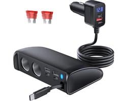SnelShoppen - Intrekbare Autolader Adapter - 9-in-1 Sigarettenaansteker Splitter 148W 12V/24V QC3.0 USB Auto-Adapter Multi-Socket met Voltmeter voor T