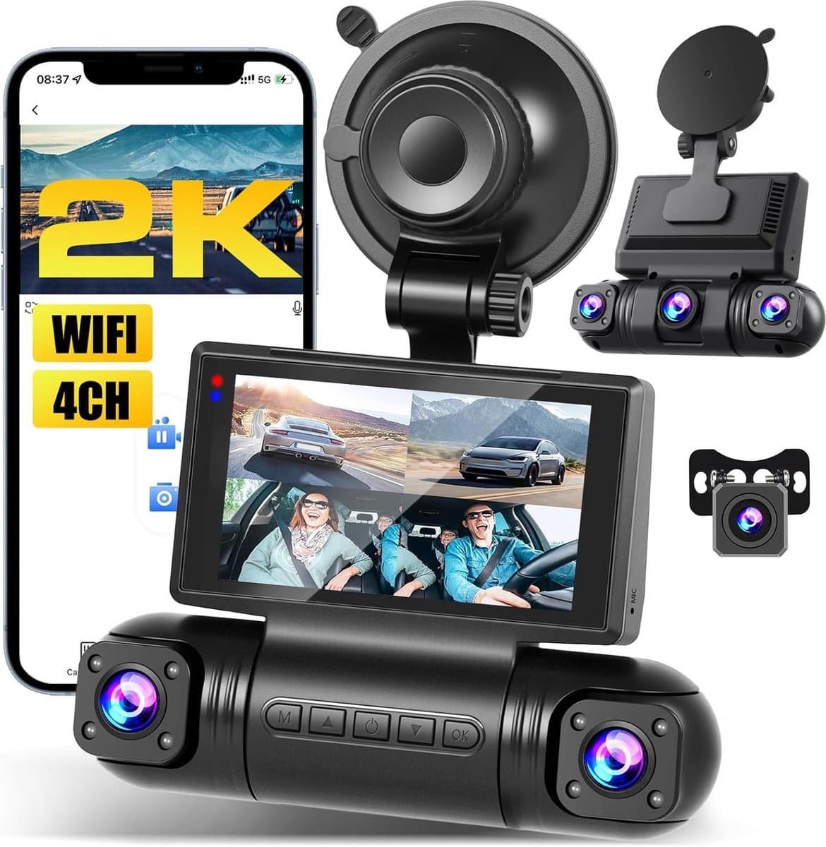 SnelShoppen - Inefala 2K WiFi Dash Cam 4 Kanalen, 360° Beeld, Nachtzicht, Parkeerbewaking, G-Sensor, 3 Inch IPS Scherm, Voor Auto's, Voertuigen, Veili — afbeelding 1