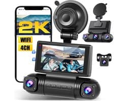 SnelShoppen - Inefala 2K WiFi Dash Cam 4 Kanalen, 360° Beeld, Nachtzicht, Parkeerbewaking, G-Sensor, 3 Inch IPS Scherm, Voor Auto's, Voertuigen, Veili