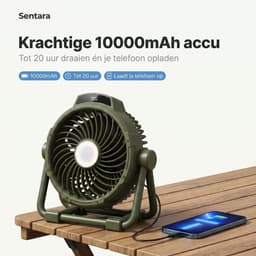 Sentara Campingventilator Oplaadbaar 10000mAh – Lichtgewicht Draagbare Buitenventilator met LED-nachtlamp, Powerbank-functie, Timer & Opbergtas – Ophangbaar of Staand – 5 Standen – Legergroen — thumbnail 3