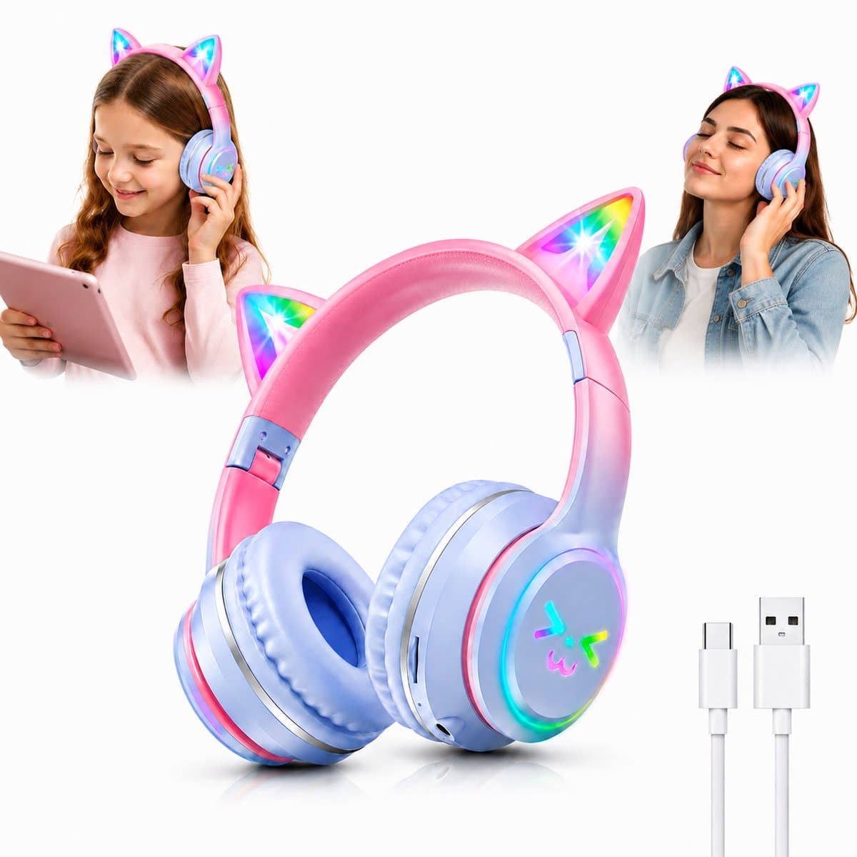 Kids Bluetooth Headphones with RGB LED Cat Ears, Wireless Over Ear Headset with Microphone, Foldable Headphones for Tablet, Phone and PC — afbeelding 1