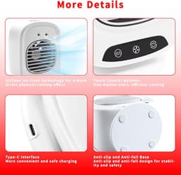 Mini-airconditioning, draagbaar, 280 ml, koelventilator met 3 standen ijsnevel & 4D stille technologie, type C oplaadbaar, 3 seconden snelle koeling voor kantoor, slaapkamer — thumbnail 5