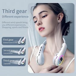 Draagbare nekventilator, draagbare handsfree mesloze nekventilator LED-gekleurd licht, werkuren 2,5-6 uur 3 snelheden 360 ° aanpassing van de windrichting Oplaadbaar - wit — thumbnail 3