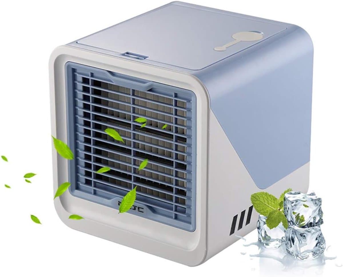 Draagbare luchtkoeler – 3-in-1 draagbare persoonlijke airconditioner – Watertank van 500 ml – 3 ventilatorsnelheden & ledverlichting in 7 kleuren – Ventilator met verdampingskoeling (USB-voeding) – Geschikt voor kamers, bureaus en kantoren – Blauw — afbeelding 1