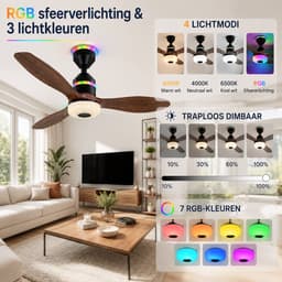 MUPOO Houtlook plafondventilator met verlichting RGB Ø61cm-RGB LED plafonventilator afstandsbediening met Bluetooth Speaker-plafonniere met ventilator met 3 Snelheden & Slaapmodus- ventilator lamp plafond Voor slaapkamer,Woonkamer veranda — thumbnail 3
