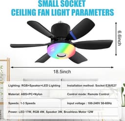 Plafondventilator met verlichting en afstandsbediening met ingebouwde luidspreker - Zwart - Verbeterde RGB-versie - LEC020R - Drie windsnelheden - Kleine plafondventilator met verlichting, geschikt voor slaapkamers en woonkamers - Zwart - 47x18 cm — thumbnail 5
