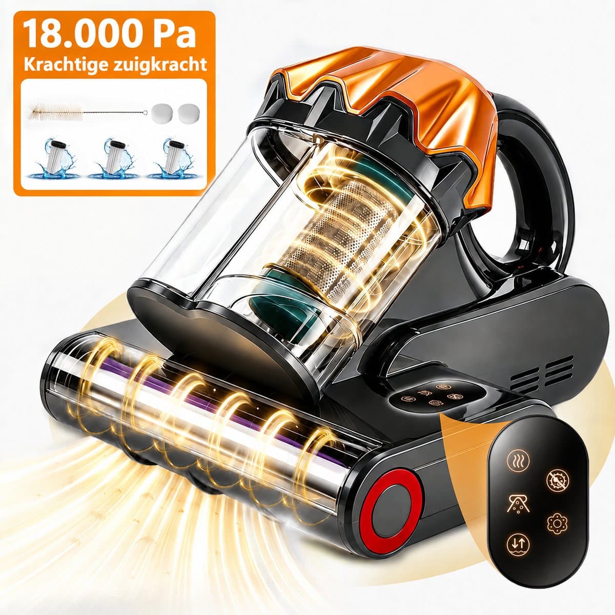 Grenintol Huisstofmijt Stofzuiger – Mijtverwijderaar met UV-C– 18.000 Pa, 550 W – HEPA-filter – Handheld Matrasreiniger – Bacterie, Mijt & Schimmel Bestrijder voor Matras en Meubel – 5 m Snoer – Goudkleurig — afbeelding 1