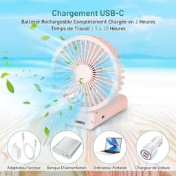 Draagbare ventilator, mini handventilator, kleine reisventilator, oplaadbare handventilator met 3 snelheden, persoonlijke ventilator voor buitengebruik, reizen, kantoor, kamperen (roze) — thumbnail 4