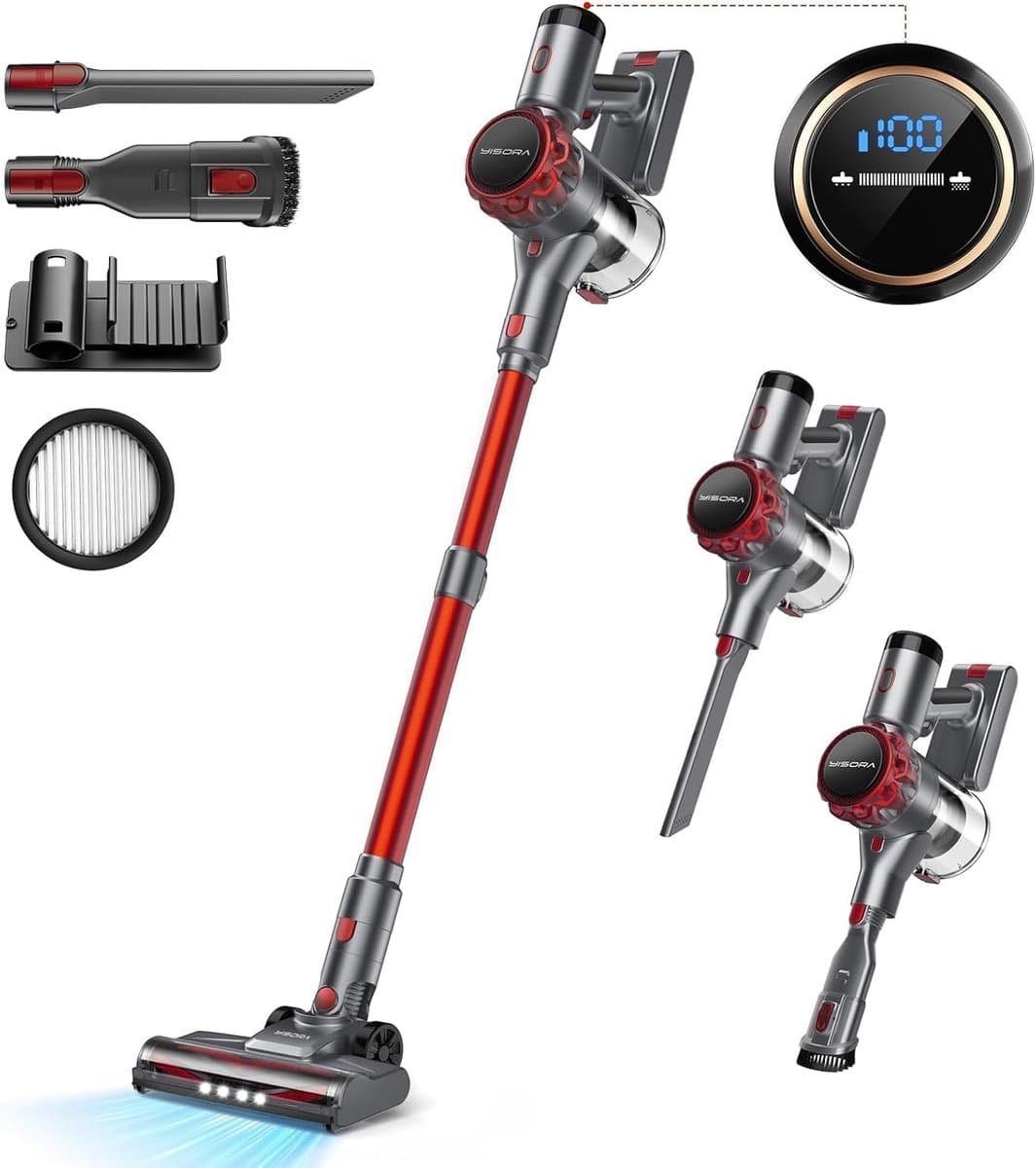 Draadloze Steelstofzuiger, Snoerloze Stofzuiger, Handstofzuiger 6-in-1, 300 W, 40 kPa, LED-display, Rood-Grijs, Steelstofzuiger met Accu, Anti-klit Borstel, H10 HEPA-filter, 5-laags Filtratie, voor Vloeren, Tapijt, Meubels en Auto — afbeelding 1