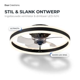 Plafondventilator met verlichting - Zwart - LED Ring 32W - Ø 50cm - Fluisterstil - App & Afstandsbediening - Dimbaar - Plafondlamp woonkamer - Plafonniere slaapkamer - Plafondlampen - Ventilator plafond — thumbnail 4