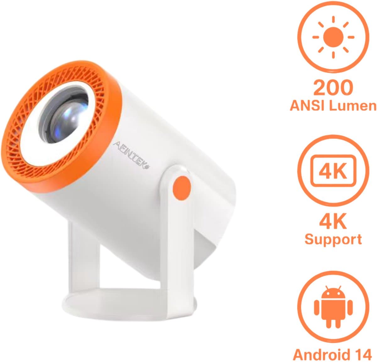 AFINTEK MB02 Pro Mini Beamer – Smart TV Projector met Android 14.0 – WiFi 6 & Bluetooth 5.2 – 200 ANSI Lumen – 4K Support – Wit — afbeelding 1