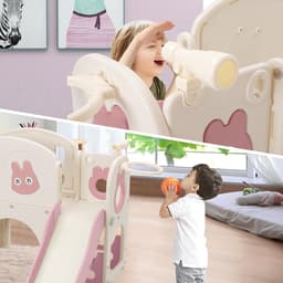 Kinderglijbaan met klimrek, 6-in-1 kinderglijbaan met telescoop, basketbalmand, platformgang, kinderspeelplaats, glijbaanlengte 160 cm (roze) — thumbnail 3