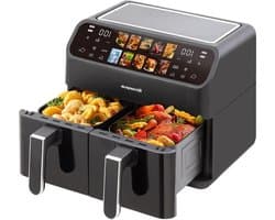 Heteluchtfriteuse Dubbele Kamer - Airfryer XXL - Gezond Koken - Twee Aparte Manden - 9 Liter Totaal - Zwart