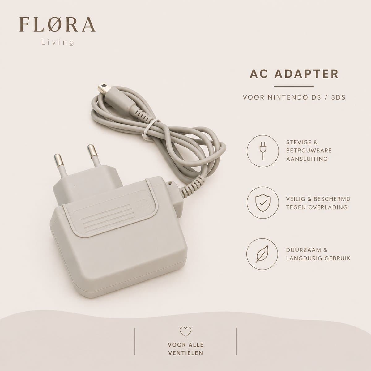 FLØRA Living Nintendo 3DS Oplader – 120 cm – Geschikt voor DSi, New 2DS XL & New 3DS XL – Compacte Game Console Lader – Universeel Oplaadkabel — afbeelding 1