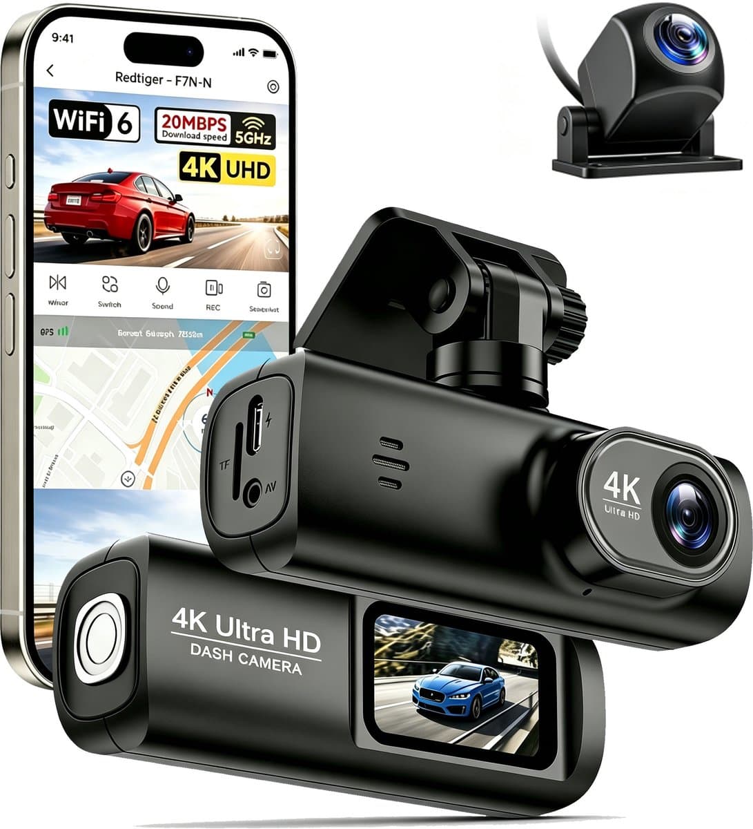 Namajunas – Dashcam voor auto voor en achter – 4K+1080P, WiFi, HDR nachtzicht -24-uurs bewaking– Dashcam voor auto full hd gps– G sensor, 170° groothoek, loop-opname, parkeerstand — afbeelding 1