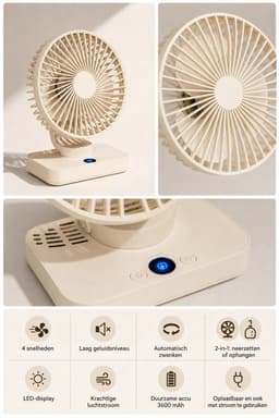 VHV-Bureauventilator met LED-Display - Oplaadbare Ventilator met 5 Snelheden - Oscillerende Tafelventilator - Stille Ventilator voor Thuis en Kantoor - Crèmewit — thumbnail 2