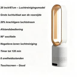 Casalora Ventilator Staand - Bladloze Ventilator 58 cm - Luchtcirculator met Afstandsbediening, 8 Snelheden, 90° Oscillatie, Timer en Luchtzuivering – Veilig en Comfortabel voor Woonkamer, Slaapkamer en Kantoor - Goud — thumbnail 2