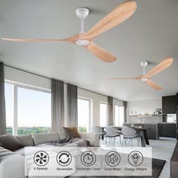 MIVRAY Plafondventilator – 176 cm – Stil Met Afstandsbediening En 6 Snelheden – Metaal En Hout – Wit Natuurlijk – Zonder Verlichting Voor Grote Ruimtes — thumbnail 4