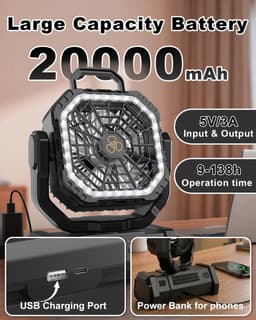 Camping ventilator oplaadbaar – 20000 mAh ventilator met LED lamp – stil – afstandsbediening – 4 standen — thumbnail 2