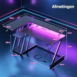Gaming Bureau met LED Verlichting - 100L x 88H x 65B cm - L-Vormig Hoekbureau met Stopcontact - Met USB en Type-C-poort - Met Bekerhouder & IJzeren Haak - Gaming Desk - Computer Tafel - Gaming Tafel met Monitorstandaard - 3 Laags Opbergrekken - Zwart — thumbnail 2