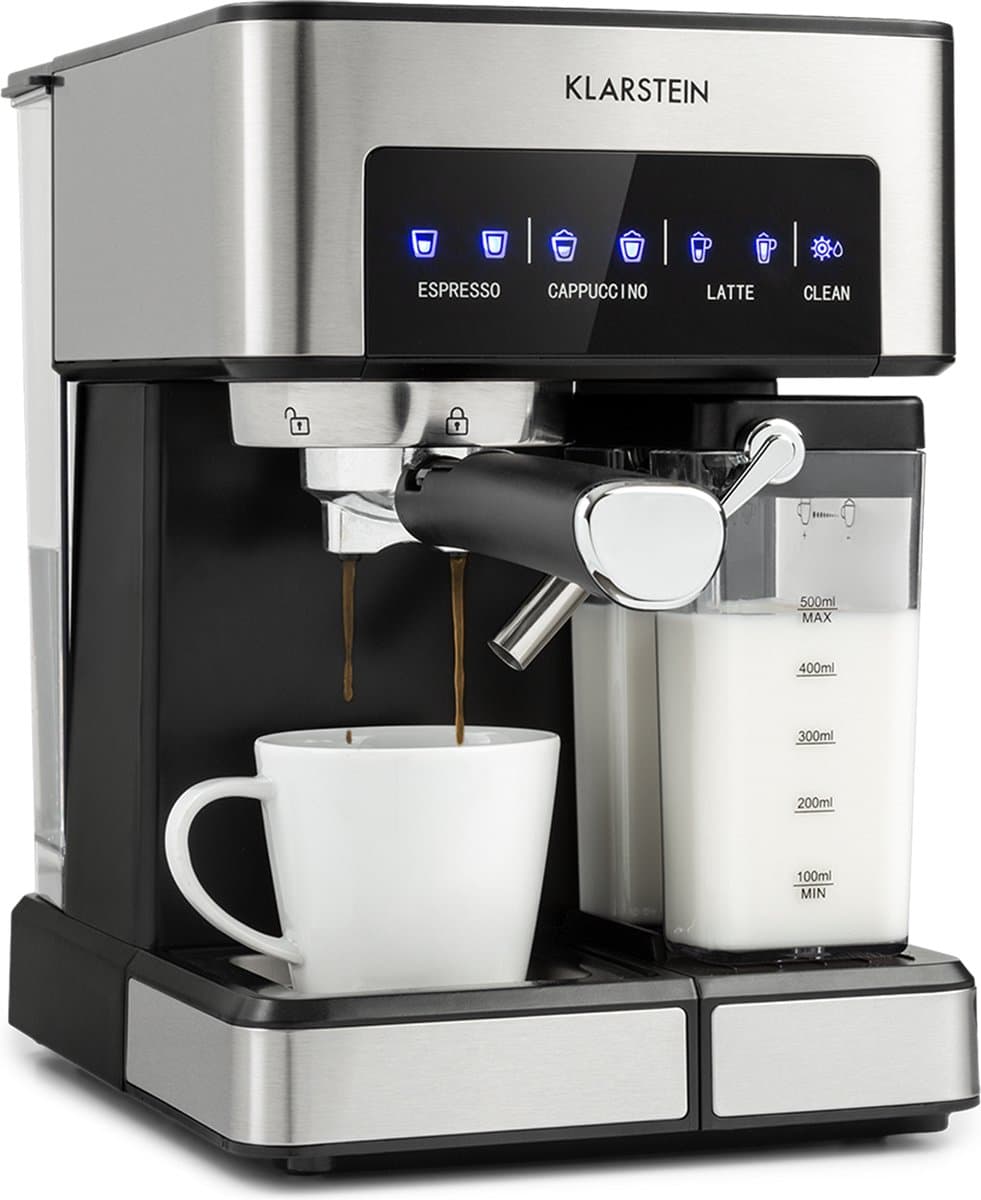 Klarstein Koffiemachine Espresso Pistonmachine met Melkopschuimer, 1,8 L Mini Espressomachine met Piston, 20 Bar RVS Compact, Melkreservoir, 1350 W Koffiemachine voor Gemalen Koffie - Stoompijpje Touch LED - Coffee Machine — afbeelding 1