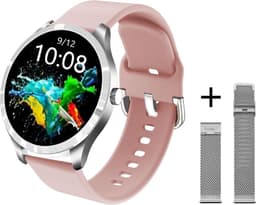 Belesy® BQSiRgPk Pro - Smartwatch Dames – Smartwatch Heren - Horloge - 1.28 inch - Kleurenscherm - Stappenteller - Bloeddruk - Hartslag - 75+ Wijzerplaten – Sporten – Zilver – Siliconen – Roze – extra polsband Milanees Zilver - Kerstcadeau — thumbnail 1