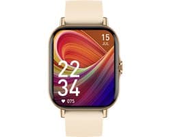 Belesy® Meander - Smartwatch Dames - Smartwatch Heren - Horloge - 1.78 inch – Hoge resolutie kleurenscherm - Stappenteller – Bloeddruk - Bluetooth bellen - Veel Wijzerplaten – Goud – Siliconen – Crème Wit - Moederdag