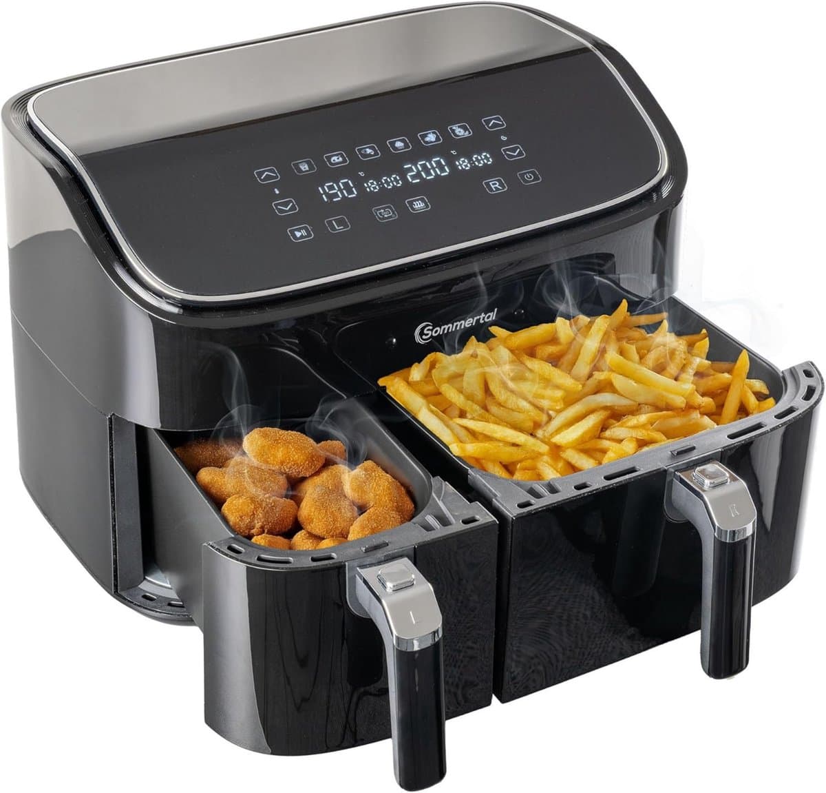 Sommertal HF DUAL 900 heteluchtfriteuse met dubbele kamer | 9 liter XXL heteluchtfriteuse & dehydrator | 2850 W | Digitaal touchscreen | 3D-luchtcirculatiesysteem | Voorverwarmen | Synchronisatiefunctie — afbeelding 1