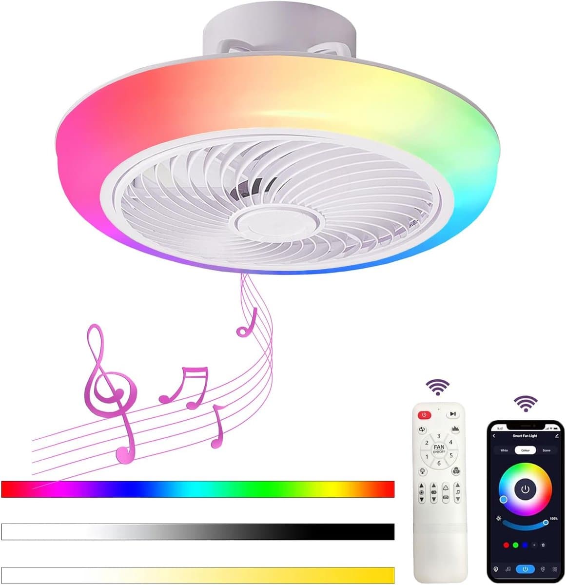 RGB Ventilator Met Luidspreker - Smart Lamp - Bluetooth - Dimbaar - Afstandsbediening En App - Speaker - Plafondventilator 46 cm - Woonkamerlamp - Moderne lamp — afbeelding 1