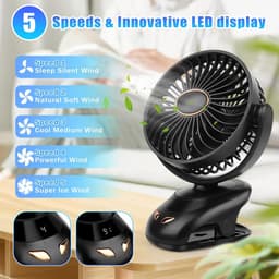 3 in 1 - Miniventilator - USB - Met clip - Kleine ventilator - Met licht - LED-display - 5 snelheden - Verstelbare windsnelheid - 90 graden rotatie, oplaadbaar, stil, geschikt voor thuis, kantoor, buiten (zwart) — thumbnail 3