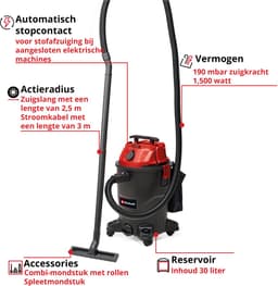 Einhell Elektrische Nat-/Droogzuiger TC-VC 1930 A - 1500 W - 190 mbar - 30 L - 2-delige kunststof buis - 250 cm zuigslang - Automatisch stopcontact: 2000 W — thumbnail 2
