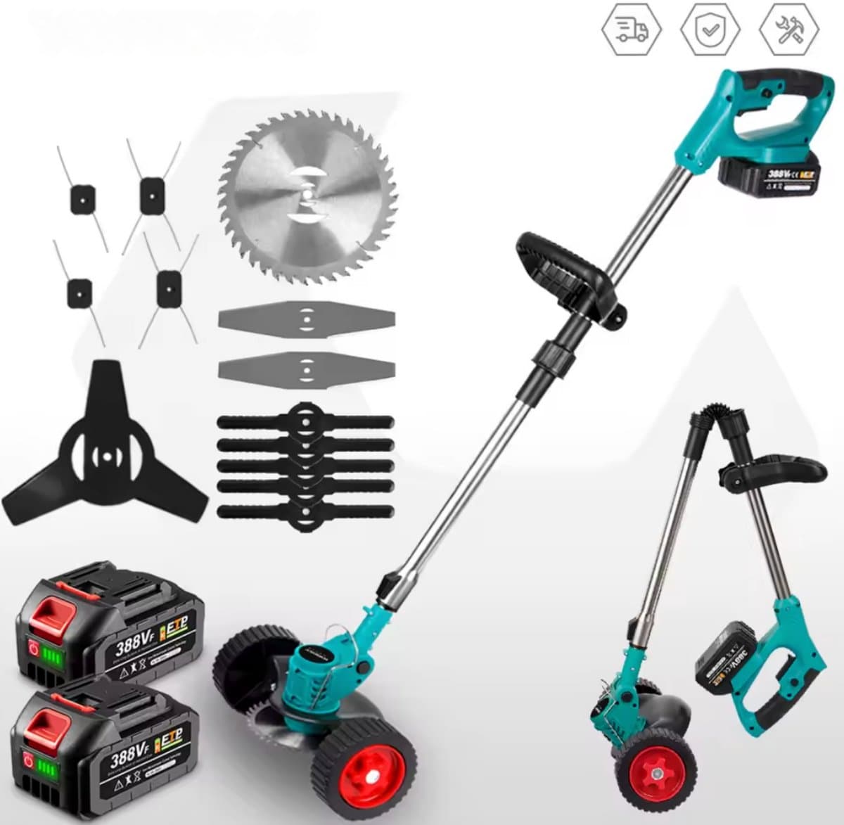 Grasmaaier elektrisch - Grasmaaier accu - Grastrimmer - Opvouwbaar - Draadloos - 2x 18V batterij - lichtblauw — afbeelding 1