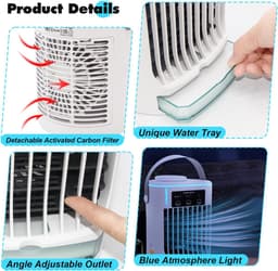 Mobiele airco zonder afvoer-mobiele airco zonder slang-3-in-1 mini-afvoerloze draagbare airconditioner-mobiele airco voor slaapkamer-3 windsnelheden, grote watertank, luchtkoeler voor slaapkamer, thuiskantoor-wit — thumbnail 3