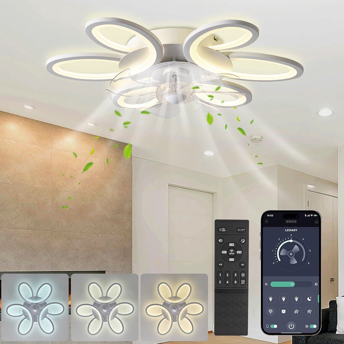 Rosnek - Plafondventilator met verlichting en 3 kleurtemperaturen- 35 W Plafondventilatoren met Verlichting - 65 cm Diameter en Afstandsbediening Slimme Plafondventilator - 6 Standen Bedienbaar via Mobiele APP - voor Woonkamer, Eetkamer, Slaapkamer — afbeelding 1