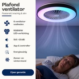Slimme Plafondventilator met LED Verlichting - App & Afstandsbediening - Plafondlamp met Ventilator - Fluisterstil - Voor Slaapkamer & Woonkamer & Kinderkamer - Ø50 cm - Zwart — thumbnail 5