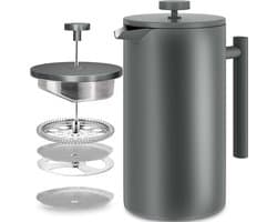 French Press Koffiezetapparaat 34 oz - 1000 ml (4 koffiemokken / 8 koffiekopjes) - Koffiezetapparaat met drievoudig roestvrijstalen filter en geïsoleerde wanden - Grijs