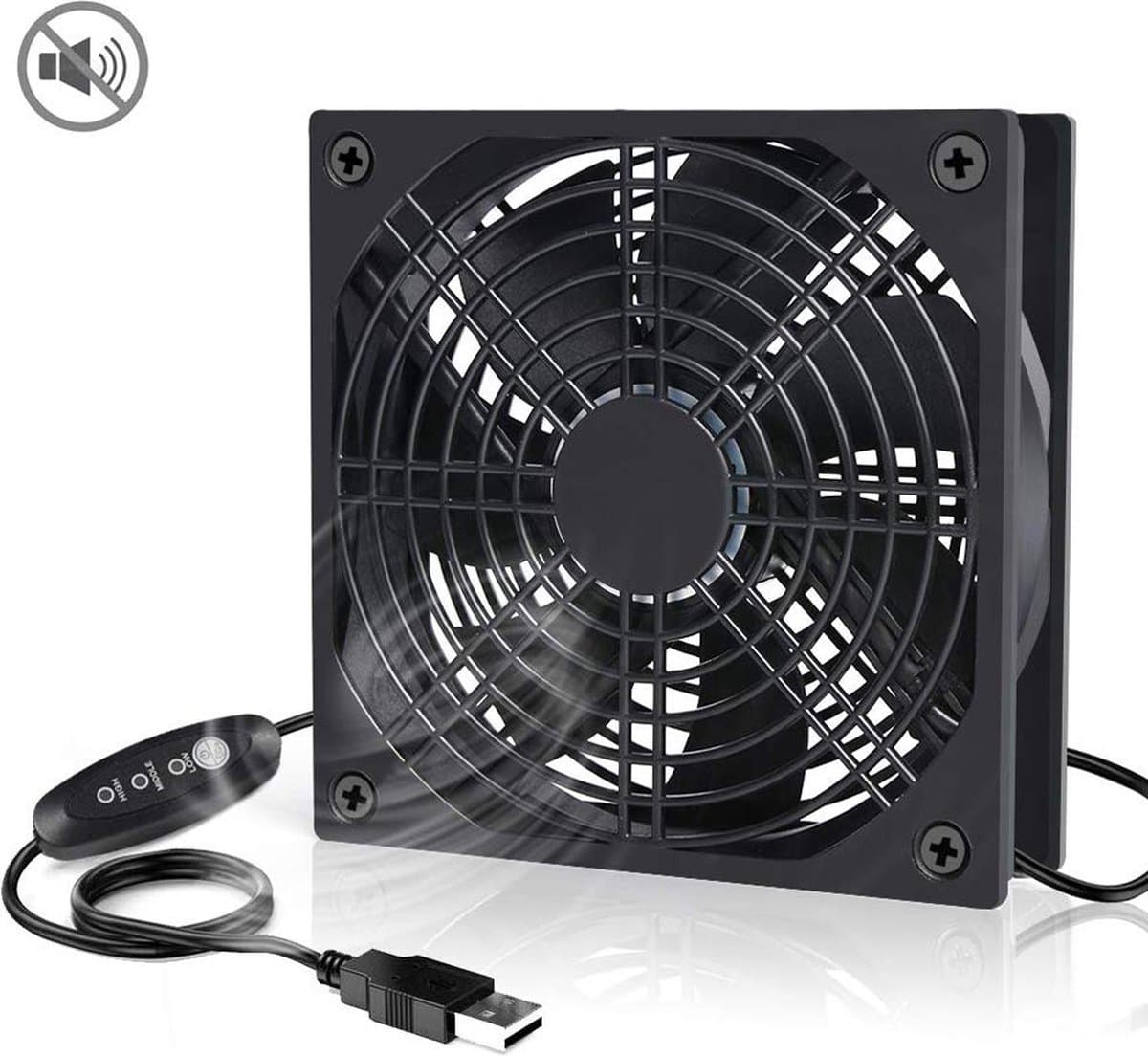 AmtSee® USB-ventilator, multi-speedbediening, met grillbescherming, behuizingsventilator, 120 mm, voor pc/tv-box/ontvanger/AV-cabine/PS4/router, met desktop — afbeelding 1