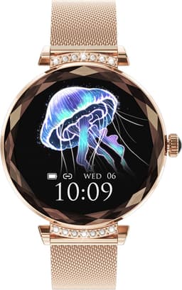 WizBay Premium Select® 1.19inch Smartwatch Dames Heren AMOLED - Android en iOS - Bluetooth Call - Smartwatches - Magnetic Laden - O2 en Bloeddrukmeter - Multiple Sport - Message - Slaap meter - Gold Horlogekast - Gold Band plus Roze TPU Band — thumbnail 4