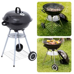Kogelbarbecue op Wielen - Barbecue - BBQ - Kogelgrill - Houtskoolbarbecue - 46cm Diameter - 78cm Hoogte - 70cm Kookhoogte - Gepoedercoat - Verrijdbaar - Met Voorraadrek - Handgreep - Zwart - Inclusief EBOOK — thumbnail 1