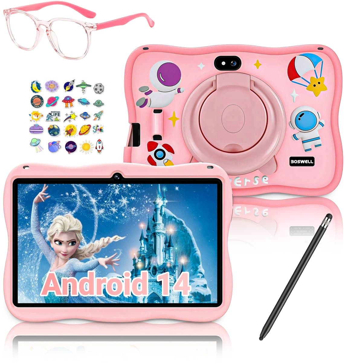 BOSWELL Kindertablet - Kinder Tablet - Kids Tablet - 7 inch - Kindertablet vanaf 3 jaar - Opslag tot 128GB - Android 14 - Ouderlijk Toezicht - Incl. Blauwlichtfilterbril, Touchpen - Roze — afbeelding 1