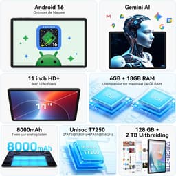 TABWEE Tablet - T50 Tablet - 24GB RAM - 128GB ROM - Android 16 - 11 inch - 8000mAh - WIFI Tablet - OTG - Grijs — thumbnail 5