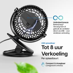 Evolize Mini Ventilator met Clip - Krachtige Draadloze Fan op Batterijen - USB Oplaadbare Ventilator met Klem - Draadloos & Draagbaar - voor Bureau, Bed, Camping & Kinderwagen - Zwart — thumbnail 3