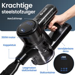 Steelstofzuiger G100M - 350W - Steelstofzuiger met Dweilfunctie - Steelstofzuiger Draadloos - 9-delige set met Buigbare Steel - 35kPa - Kruimeldief - Zwart - Saaf — thumbnail 2