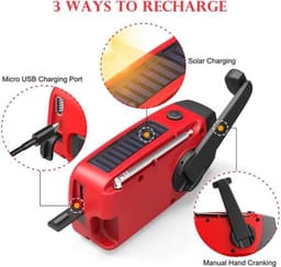 Draagbare noodradio - Powerbank 2000 mAh - Zaklamp - Solar opwindbaar - SOS alarm - USB-C kabel - Noodpakket - Kunststof - rood — thumbnail 5