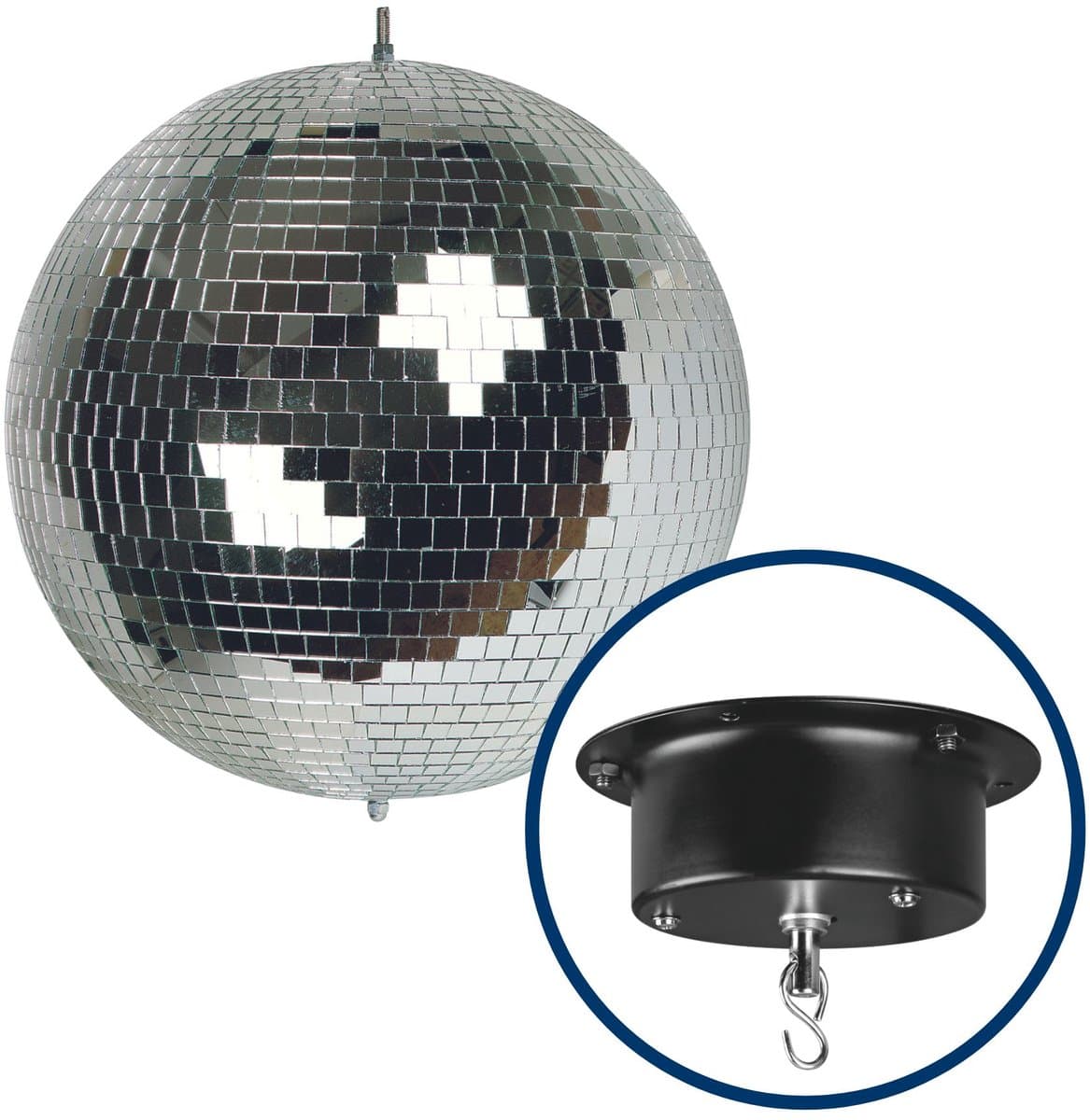 HQ-Power Set met discobal Ø 20 cm + 4W motor, roterende spiegelbol van reflecterend facetglas, 1.8-2.5 tpm, 5 kg draagvermogen, veilig ophangsysteem voor plafondmontage – Perfect voor dansvloeren, disco feesten, party decoratie, en lichteffecten — afbeelding 1