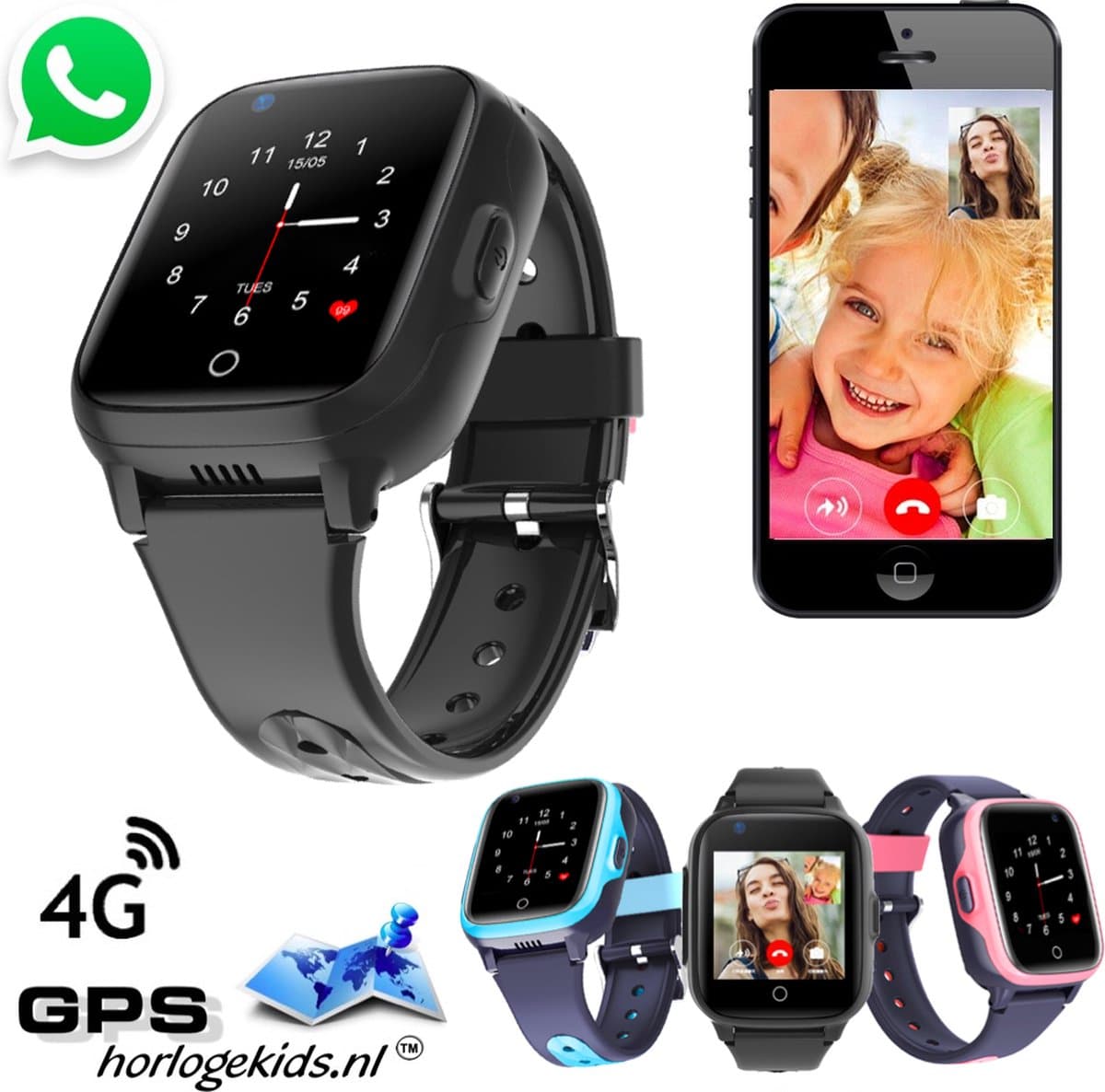GPSHorlogeKids - GPS horloge kind – smartwatch kinderen – WhatsApp – 4G videobellen – spatwaterdicht – GPS tracker – SOS alarm – incl. simkaart en online installatie hulp – Fox Zwart — afbeelding 1