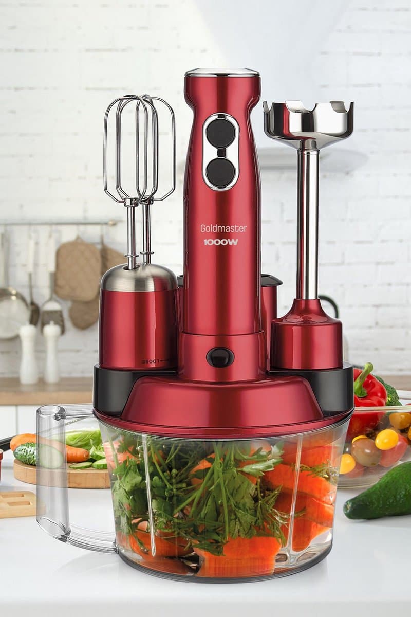 Goldmaster ELENAMAX GM-7239 - 5-in-1 Hakmolen - Blender - Staafmixer - Snijmachine - 2-traps - 1000W - Rood — afbeelding 1