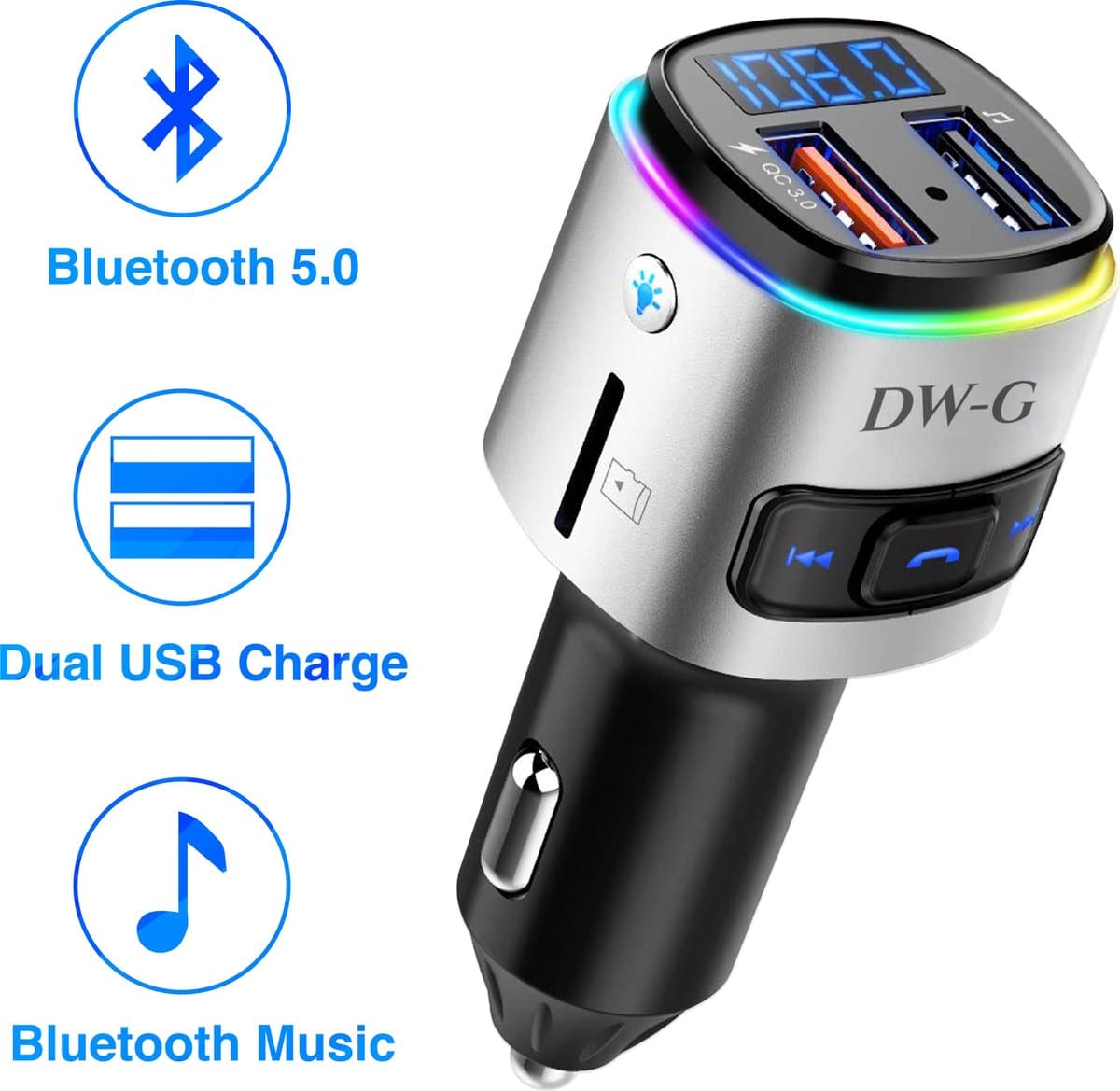 DW-G Bluetooth FM Transmitter - Auto Lader - Carkit - Handsfree - MP3 - USB - SD Kaart - Snel Lader - Audio Receiver — afbeelding 1